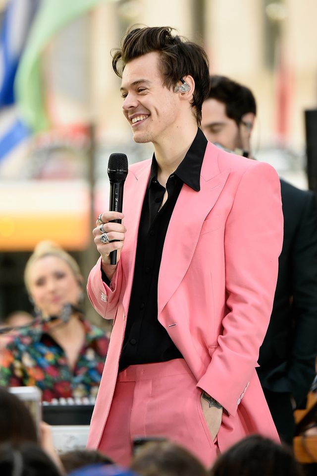 Here's Harry Styles in a Millennial Pink Suit