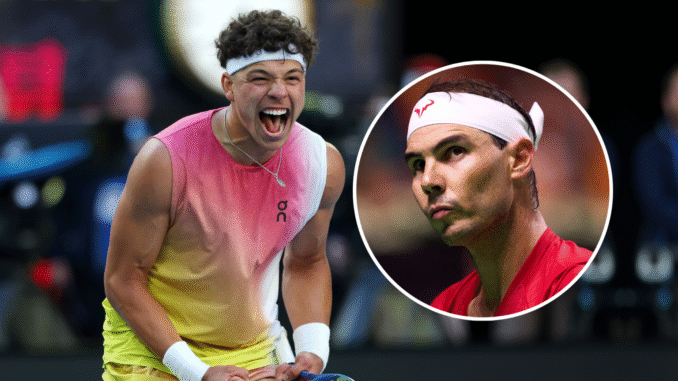 Ben-Shelton-celebrating-his-Australian-Open-win-today-with-an-inset-of-Rafael-Nadal-1536x864